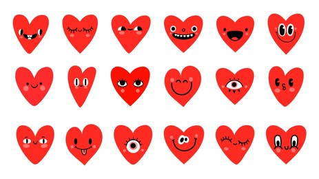 cartoon red heart characters with funny faces emoticon. valentine day symbol. cute romantic hearts with eyes for logo or sticker  set. smiling facial expressions isolated on white
