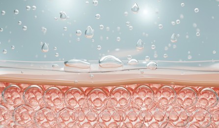 water and vitamin drop on skin cell. 
concept cosmetics solution.serum through the skin layer and reduce up saggy skin of the skin cell. 3d rendering.  