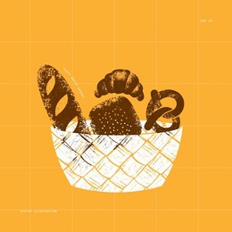 textured bread illustration. bread in a basket. vintage abstract illustration.