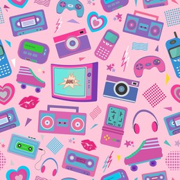 y2k aesthetic seamless pattern with 90’s, 2000’s fashion trend, boombox, video game, skateboard, cassette, heart, tv, walkman, lips and tape recorder. useful for cloth design, girl fabric and textiles