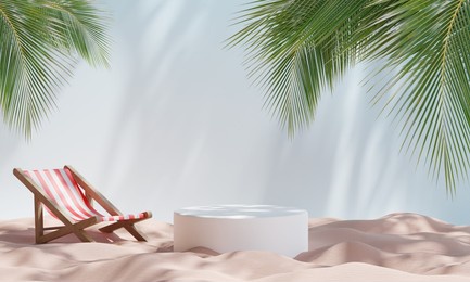 podium on sand cosmetic product display stand. product display on round podium with summer beach, 3d illustration