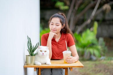 pretty asian woman enjoy to play and relax with white cat in area of cafe or coffee shop outdoor with day light and they look happy and comfortable to stay together.