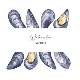 design with watercolor illustrated musselss. hand drawn raw edible crustaceans. shells for menu, label, packaging design. ingredient for seafood recipe.