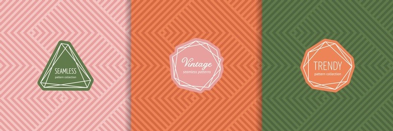 vector seamless pattern set with stylish labels, badges. abstract graphic background with geometric lines, stripes, chevron. trendy cover designs. modern stylish textures in pink, green, orange color