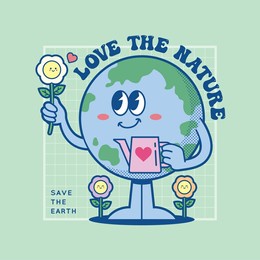 vintage cartoon earth globe holding watering can with flower plants. love the nature, environment friendly concept illustration. simple retro cartoon character for poster, banner, graphic print.
