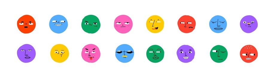 colorful cartoon character face circle illustration set. funny people faces doing diverse gesture and mood expression in trendy cartoon style. social media reaction sticker, children drawing concept.