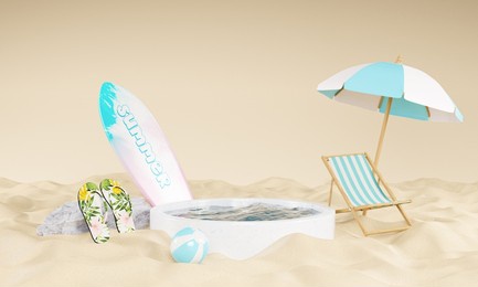 3d render of abstract minimal display podium for showing products or cosmetic presentation with summer beach scene. summer time season for vacation concept.
