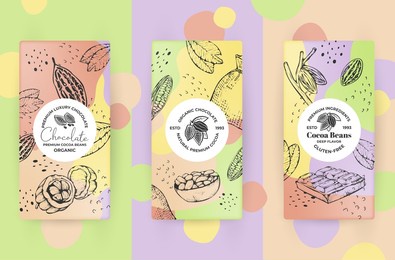 collection premium chocolate pastel label realistic template vector illustration. set classic candy dessert sweet food elegant package engraved cocoa grains abstract ornament. meal pack cover design