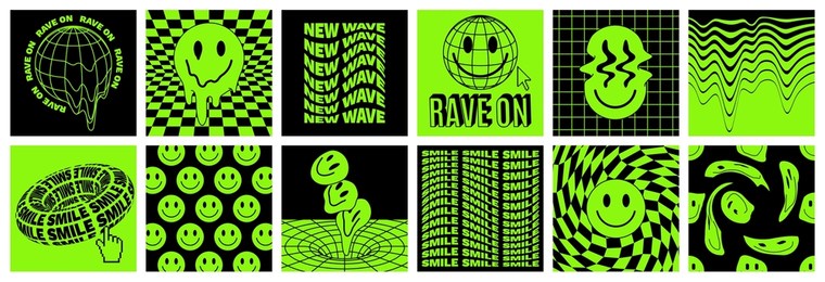 rave psychedelic acid sticker set. trippy illustrations, dripping smiles. surreal geometric shapes, abstract backgrounds and patterns. vector elements and signs in trendy psychedelic weird 90s style.