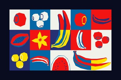 universal geometric pattern with decorative fruit elements shapes. abstract vector background composition for a poster design, fabric print, wallpaper, wrapping paper.