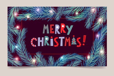 merry christmas card with fir branches and glowing garland. holiday card, calendar, invitation, holiday background.