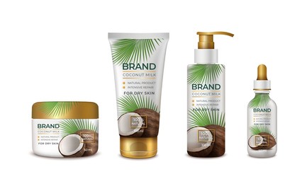 realistic detailed 3d coconut natural cosmetics bottle set. vector illustration of cosmetic product with coco nut