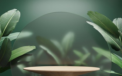 podium display for product presentation with leaves, 3d render, 3d illustration