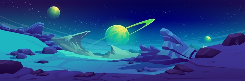 mars surface, alien planet landscape. night space game background with ground, mountains, stars, saturn and earth in sky. vector cartoon fantastic illustration of cosmos and dark martian surface