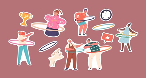 set of stickers children fun with hula hoop, boys and girls characters rolling rings on waist. kids active sparetime, summertime recreation, activity or sport. cartoon people vector illustration