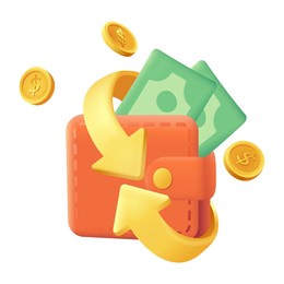 arrows around wallet with money 3d cartoon style icon. cashback, money or cash refund flat vector illustration. finance, wealth, currency, payment, bank concept