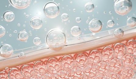 molecule inside transparent liquid bubble on soft background, concept skin care cosmetics solution. 3d rendering.