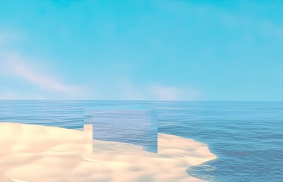 natural summer beach scene with a podium for product display. 3d rendering.