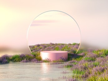 natural beauty podium backdrop with lavender field. 3d rendering. 