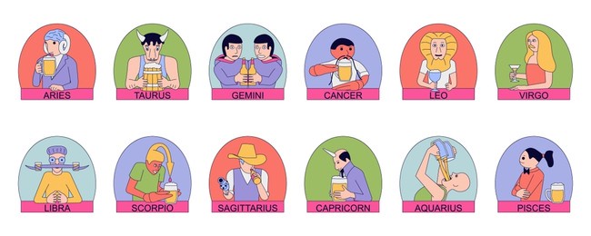 zodiac signs of men with beer. twelve funny astrological stickers with men in a pub.