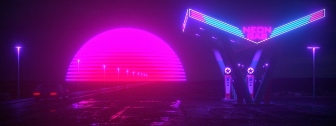 neon gas station and retro car. vintage cyberpunk auto. fog rain and night. color vibrant reflections on asphalt. 3d illustration.