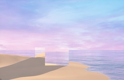 natural summer beach scene with a podium for product display. 3d rendering.