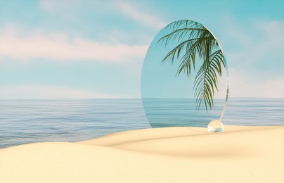 natural summer beach scene with a podium for product display. 3d rendering.