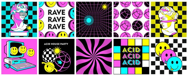 rave psychedelic acid trippy stickers. set surreal backgrounds and trip square social media posts with abstract geometric shapes, heads of statues. vector art and signs. weird 90s style.