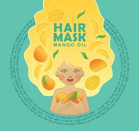 mango for hair care vector illustration. mango hair mask or shampoo label packagining design. cartoon cute blonde girl with long wavy hair enjoys the hair product. fruit product with green background