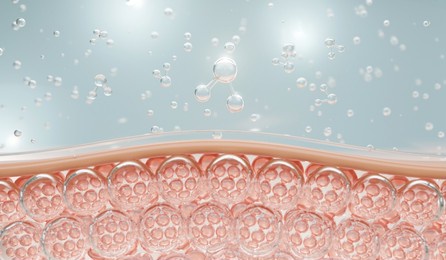 molecule and bubble background, concept cosmetics solution. water and vitamin drop on skin cell. serum through the skin layer and reduce up saggy skin of the skin cell. 3d rendering.  