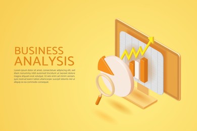 financial data analysis and business growth with pie chart and bar graph on computer screen with magnifying glass on yellow background.. 3d isometric vector illustration