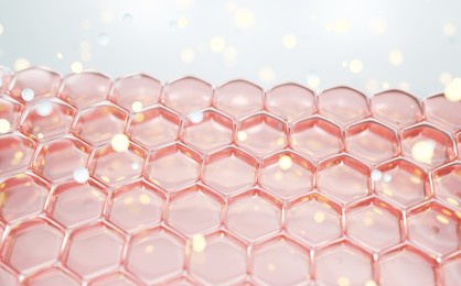 cosmetic science, skin cell. serum molecules through the skin layer and reduce up saggy skin of the skin cell. 3d rendering.