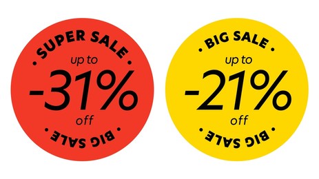 super big sale up to 31 and 21 percent discount promotion. round shaped sticker badge set with special clearance offer for price reduction illustration isolated on white background