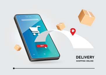 receipts,parcel boxes,and floating location pins from smartphone screens with shopping cart icons and purchase icons on blue screen,vector3d isolated on white background for delivery,online shopping