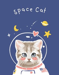 space cat slogan with cute kitten in cartoon astronaut suit vector illustration