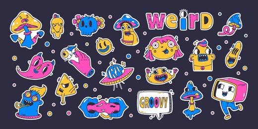 funny cartoon psychedelic shapes, doodle abstract characters. trendy weird doodle emojis and groovy hallucination mascots vector illustration set. trippy stickers collection