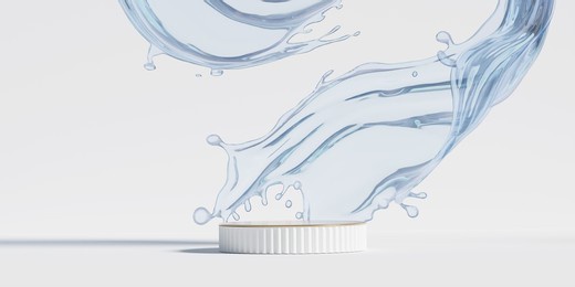 3d white pedestal podium with water splash swirl on studio background. blue liquid flow with display showcase for beauty product, cosmetics promotion.  abstract 3d render. advertisement mockup