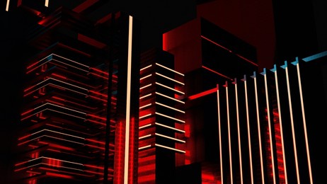 3d render cyberpunk city with blue and red neons night