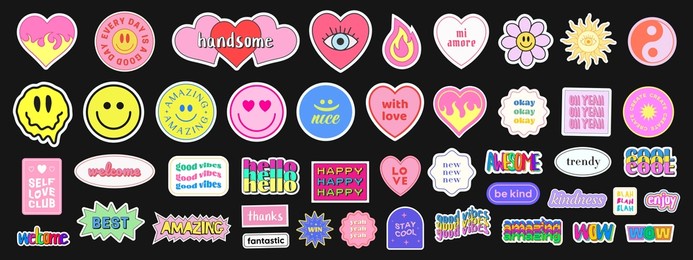 pop art sticker pack. collections of cute emoji smile badges. set of cool trendy patches.