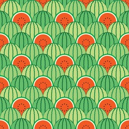 red watermelon themed background. geometric seamless fruit pattern motif. simple flat vector illustration. whole and sliced ​​watermelon. for backdrops, covers, prints, fabrics and wallpapers.