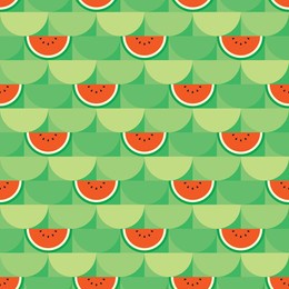 red watermelon themed background. geometric seamless semicircle fruit pattern motif. simple flat vector illustration. watermelon cut in half. for backdrops, covers, prints, fabrics, and wallpapers.