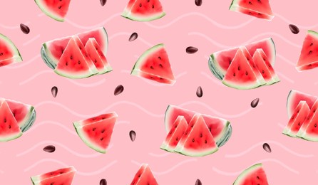 colorful and bright summer with water melon and seed on wave seamless pattern background. for fashion, fabric wallpaper and all prints.