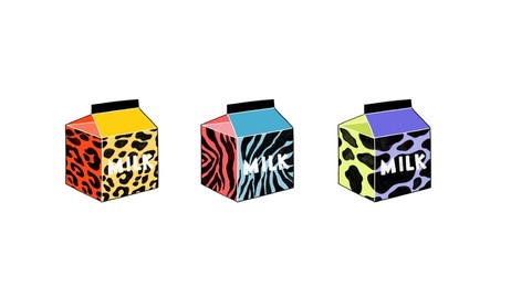 set of colorful cute illustrations of cow milk packaging with different animal prints