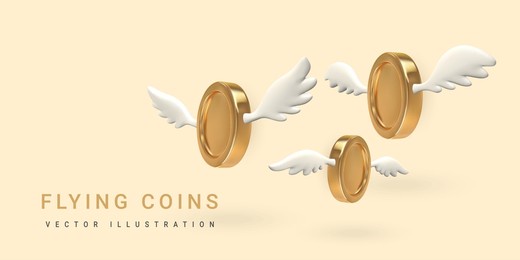 3d flying golden coin with wings isolated on a white background. vector illustration.