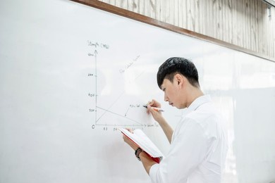 an asian male teacher in a classroom near the whiteboard is writing and teaching a lesson with a special lecture in a class column. math teacher explains arithmetic sums to university students.