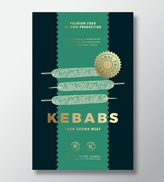 farm grown kebabs abstract vector packaging label design template. modern typography banner, hand drawn meat sketch silhouette. color paper background layout with gold foil isolated