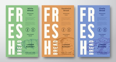 fresh baked bread abstract vector packaging design labels collection. modern typography banners, hand drawn bread loaf and pieces sketch silhouettes set. color paper background layouts. isolated