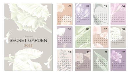 2023 calendar template on a botanical theme. modern calendar design concept with abstract seasonal flowers. set of 12 months 2021 pages. vector illustration