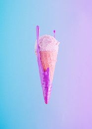 vanilla ice cream scoop with slime in vibrant bold gradient holographic colors. concept art. blue and purple lights. creative minimal cyberwave background. summer.