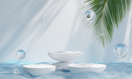 podium on the water for product presentation. natural beauty pedestal, relaxation and health, 3d illustration